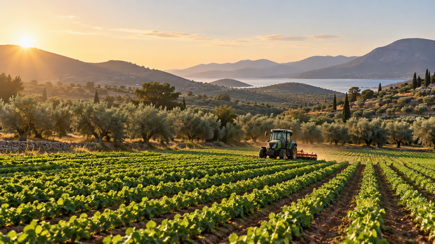 Τρακτέρ σε καλλιέργεια με ελαιώνες και ελληνικό αγροτικό τοπίο